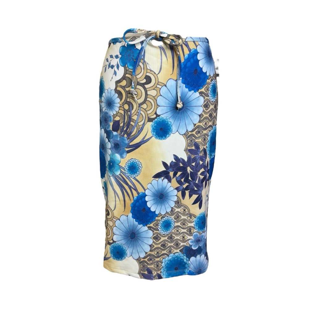 Y2K Eye Candy Blue + Yellow Floral Geometric Print Keyhole Midi Skirt Size Large